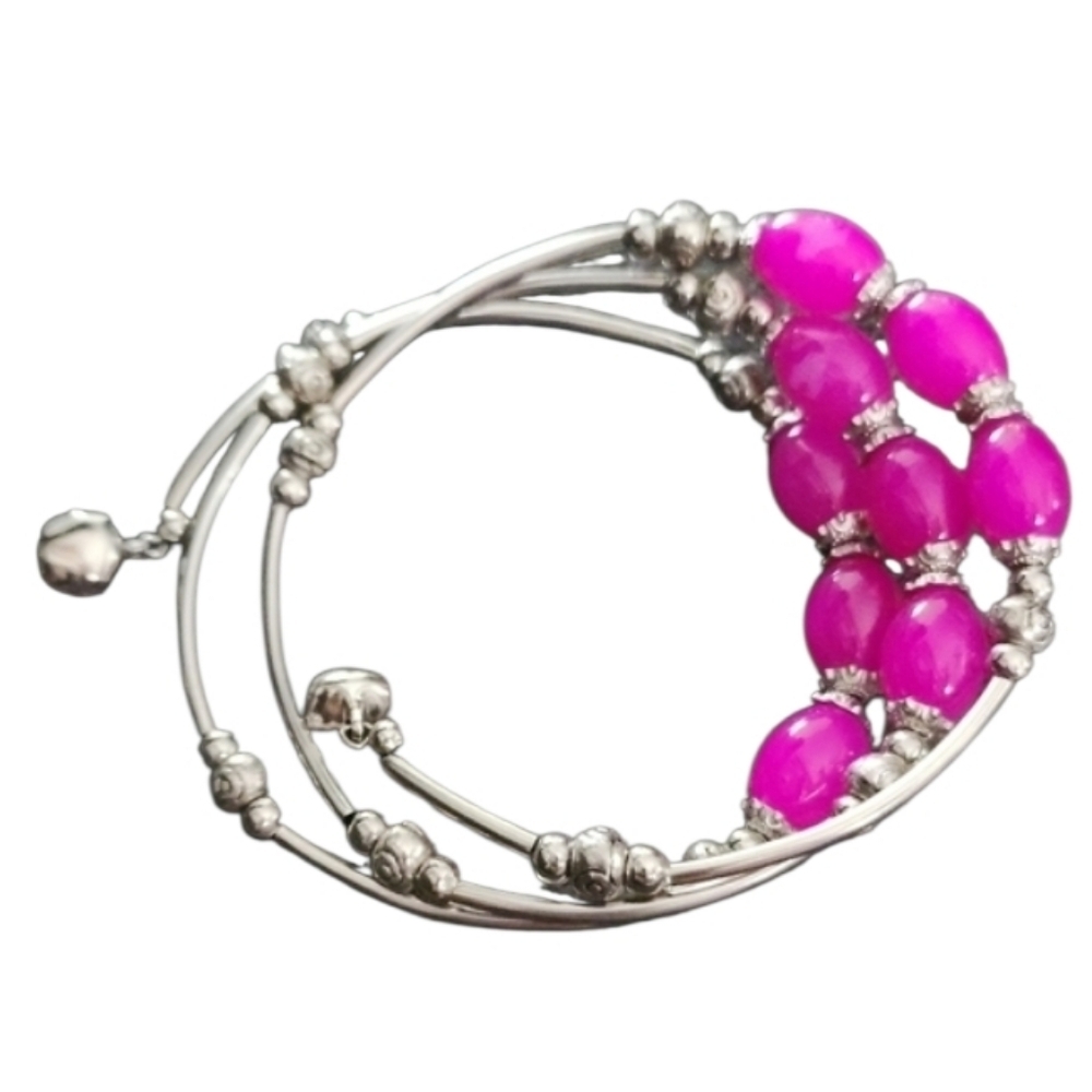 Pink and Silver Beaded Wrap Bracelet